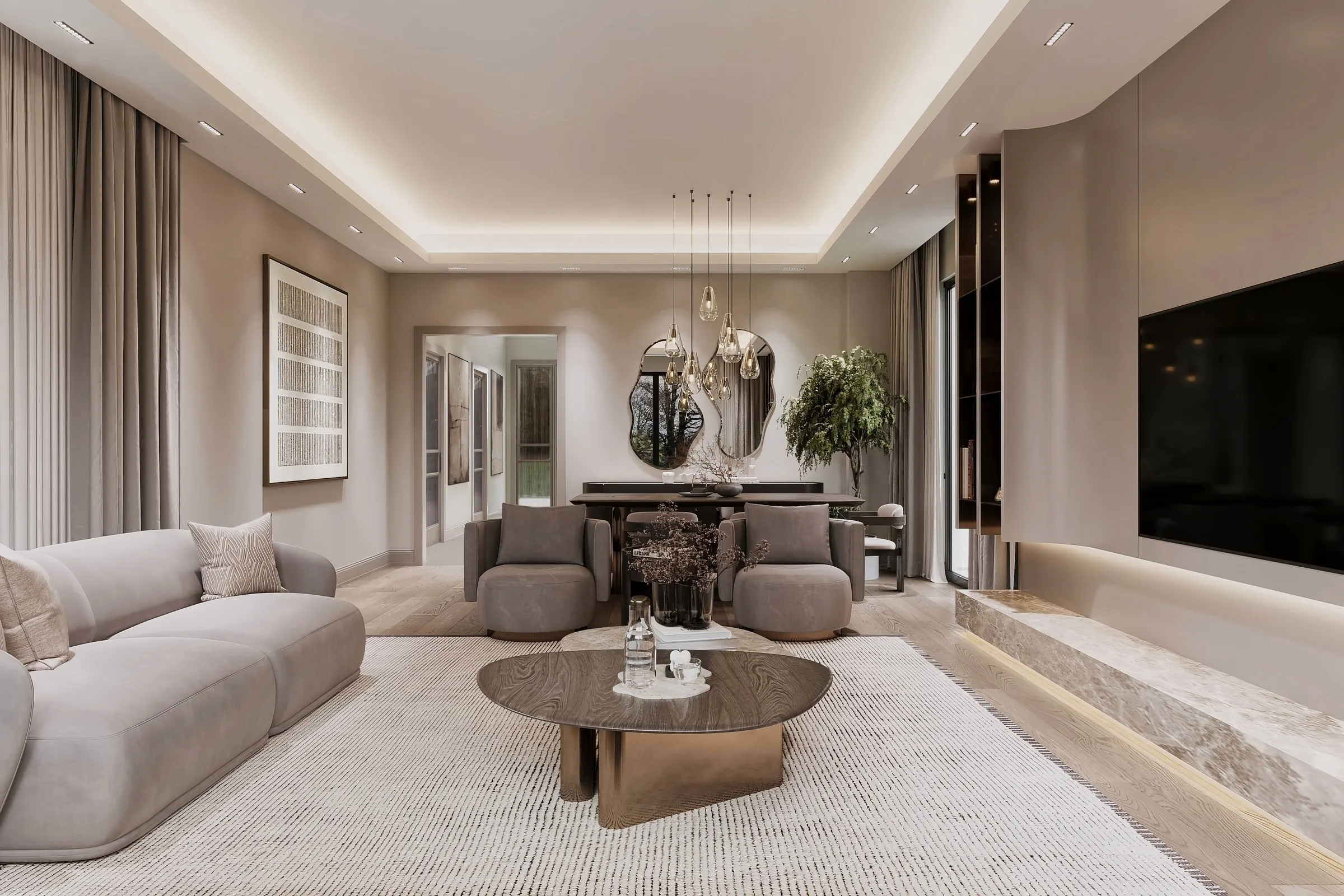 Villa salonu, dekoratif ayna ve oturma grubu